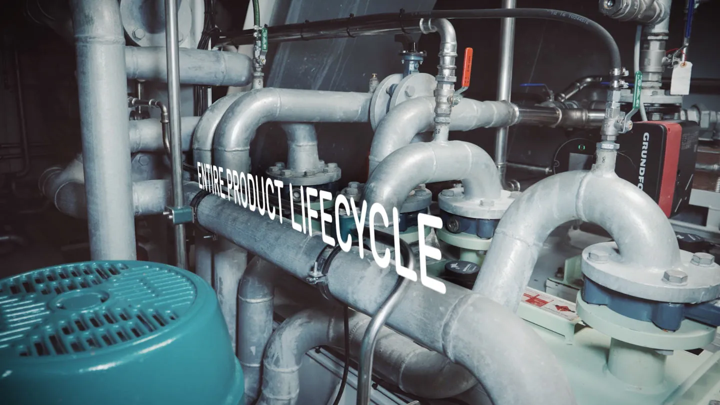 Rørinstallation med teksten Entire Product Lifecycle