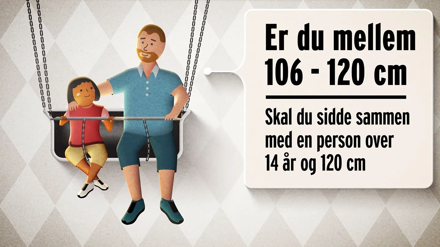 Barn og voksen i en gynge med højdekrav